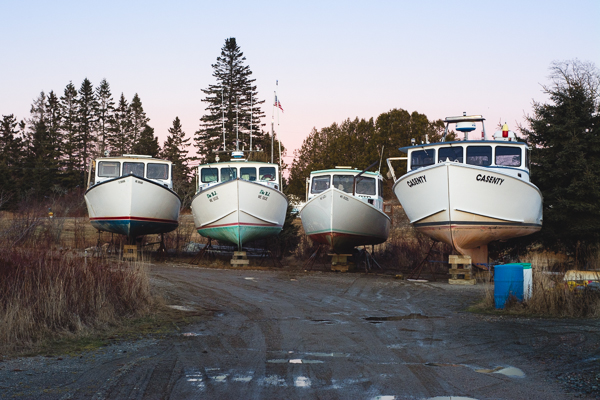 four lobster boats dry docked for the winter