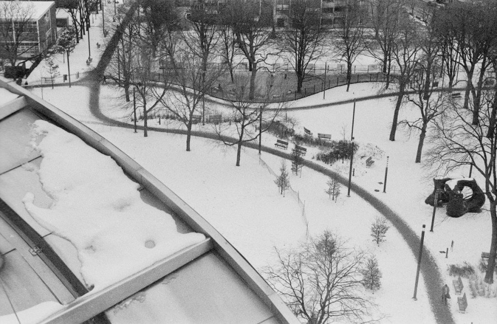 A black and white landscape of a park in Ontario.