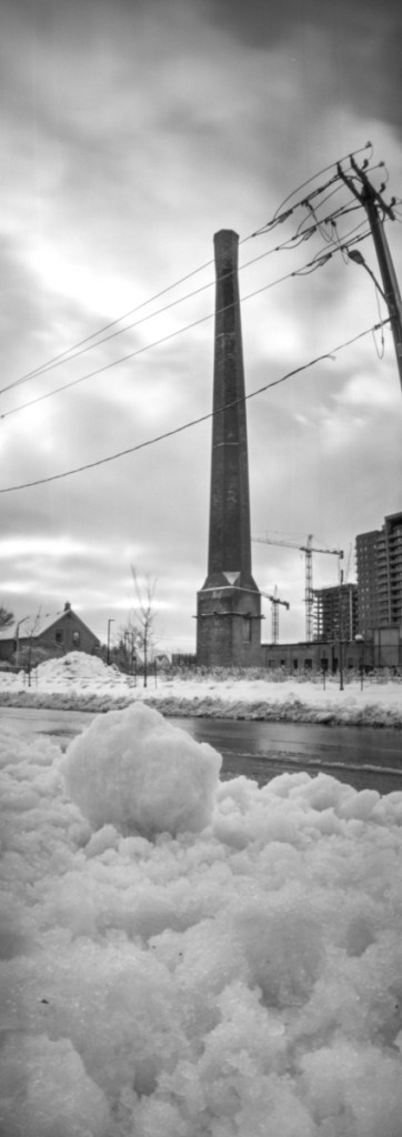 A black and white pinhole image of the Tannery Tower.