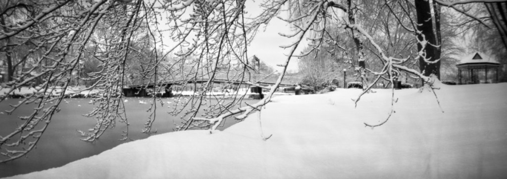 A black and white pinhole image of Victoria Park.