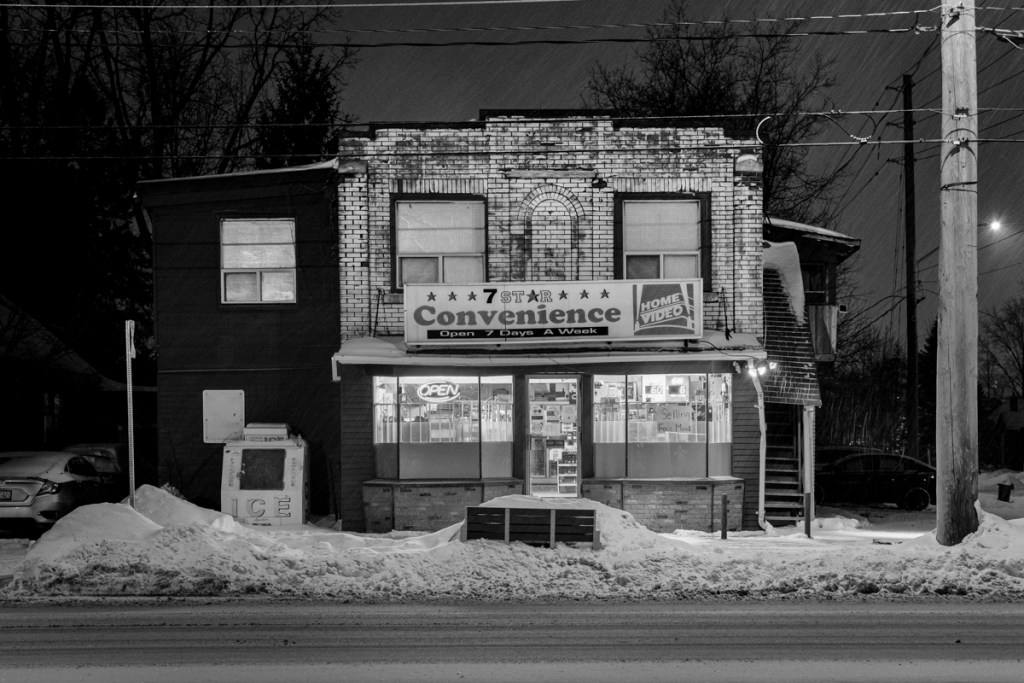 A black and white image of the 7 Star Convenience store in Waterloo, ON, CA.