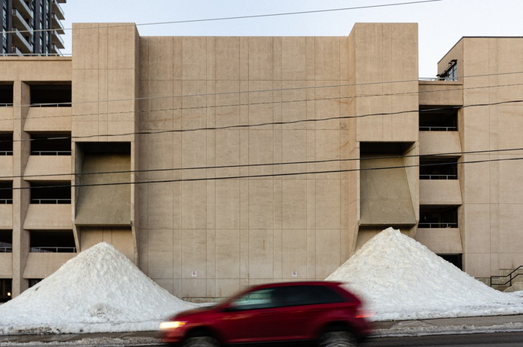 An image of a parking garage's architecture.