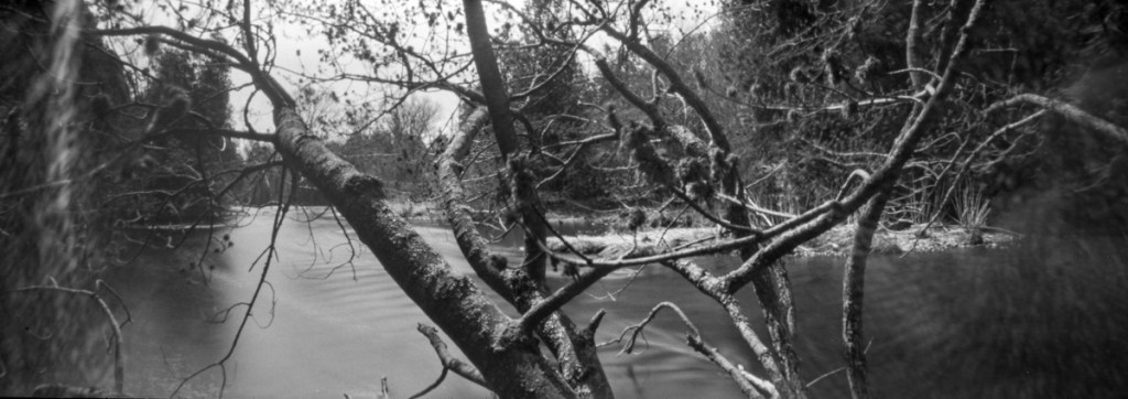 A black and white long exposure landscape.